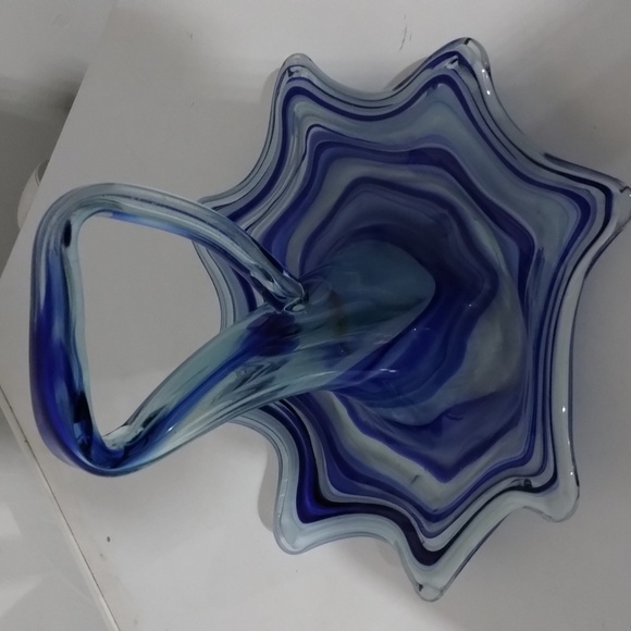 Blue & clear swirl Art Glass umbrella dish with handle vintage - Picture 2 of 7